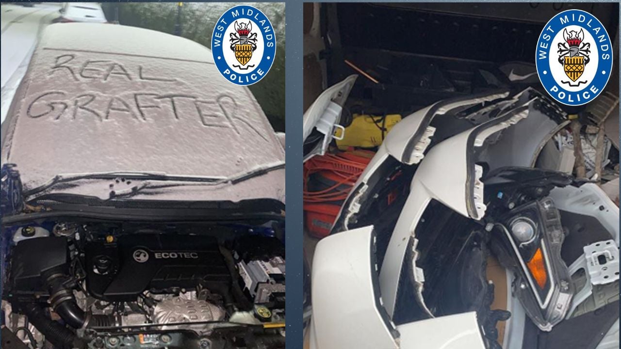 Stolen vehicle parts displayed beside a stripped car left missing its front end during a West Midlands car cannibalism theft investigation.