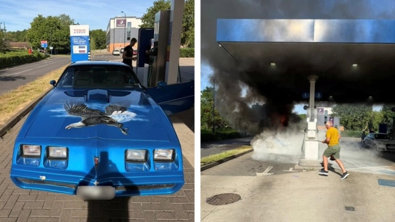 Car in flames at petrol station