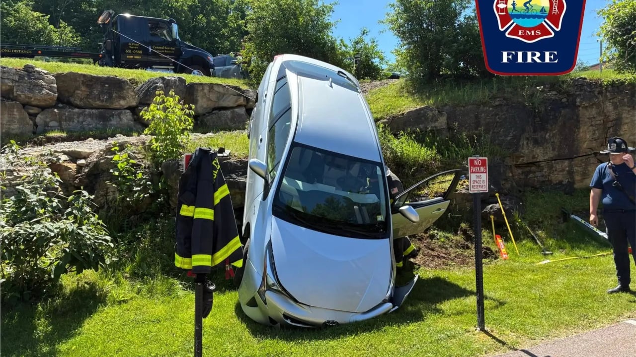 Car drives over edge of small cliff in Colchester parking lot