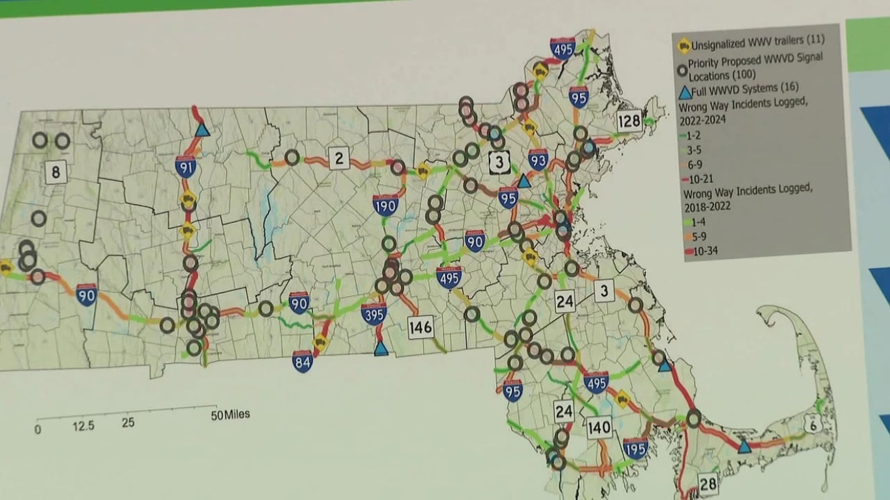 A map showing wrong-way driving incidents in Massachusetts and proposed signal locations