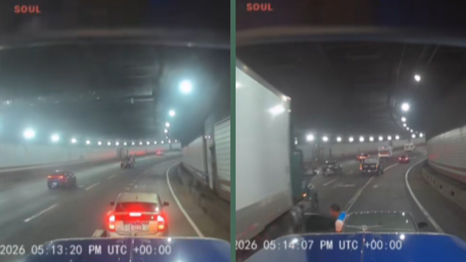Driver Brake-Checks a Semi in a Tunnel Because Apparently That's a Great Idea