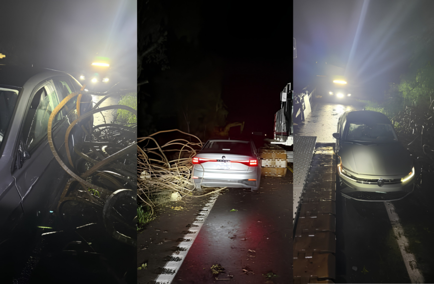 Driver Ignores Road Closure Signs, Ends Up Wedged Between Excavator and Rebar Just 30 Feet From Missing Bridge