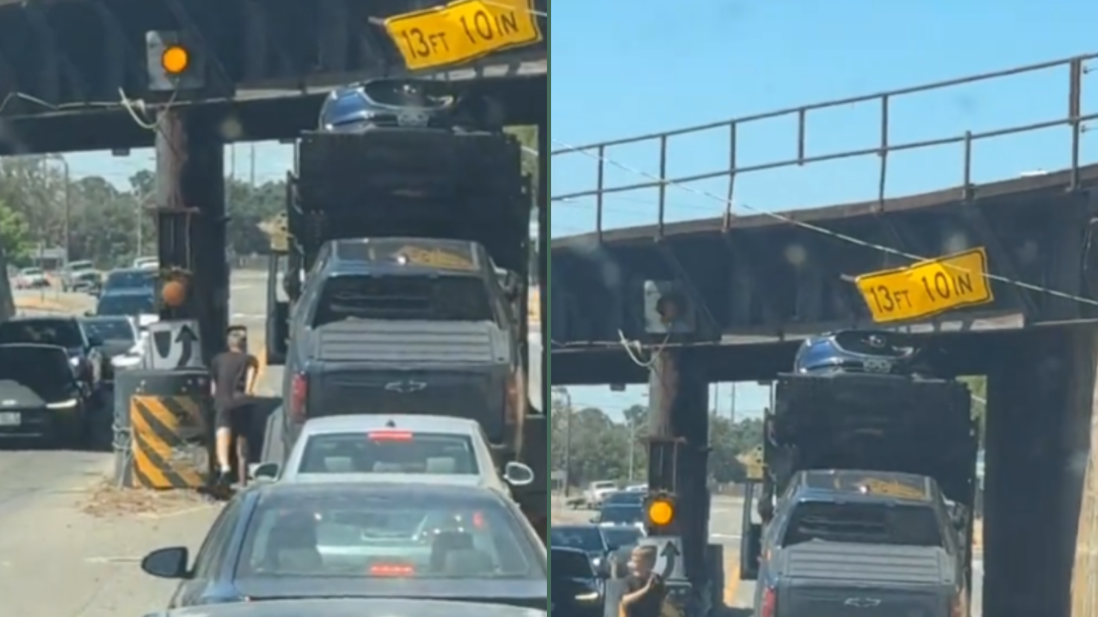 One Very Expensive Miscalculation Leaves Car Carrier Wedged Under California Bridge