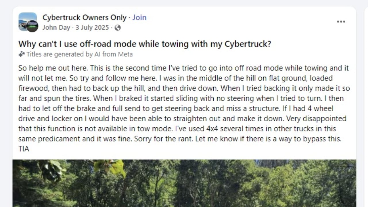 Tesla Cybertruck Towing Fail FB Post