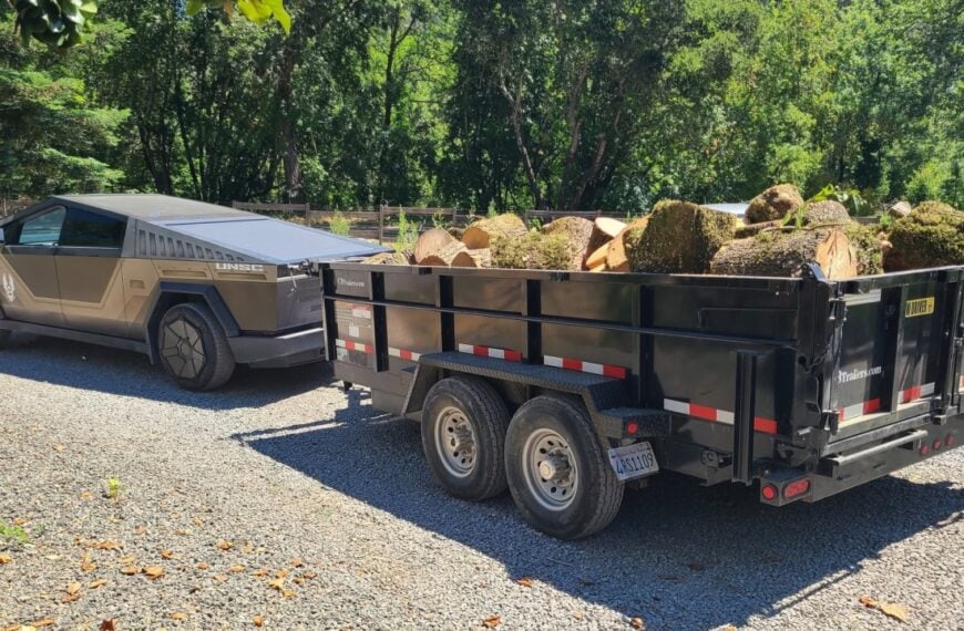 Tesla Cybertruck Towing Wood Rear View
