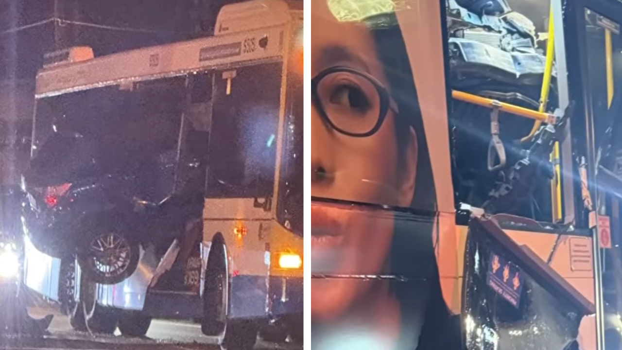 Airborne Car Crashes Into Bus
