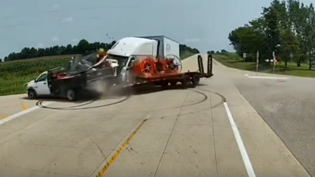 pickup truck hits semi truck