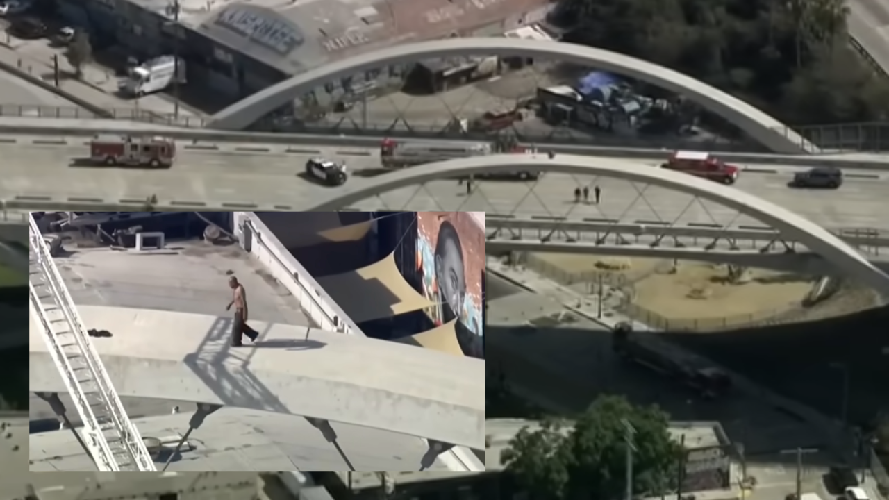 man climbs bridge in los angeles