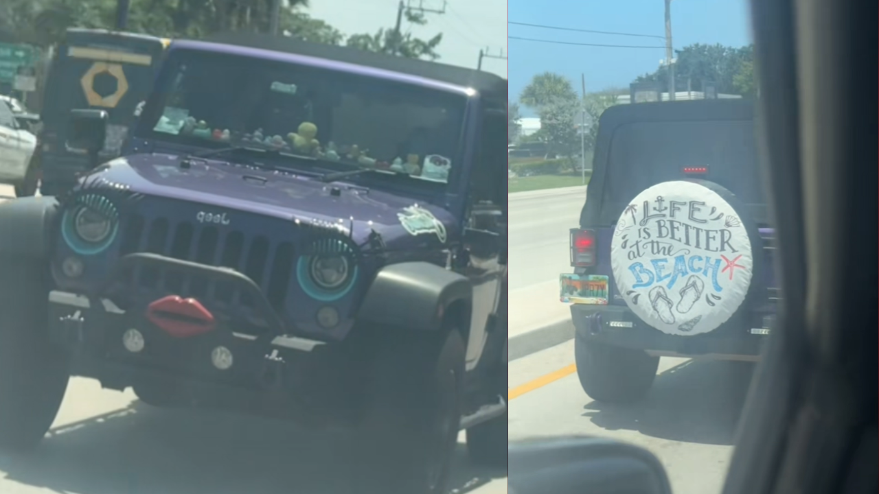 jeep with ducks, lips, and eyelashes