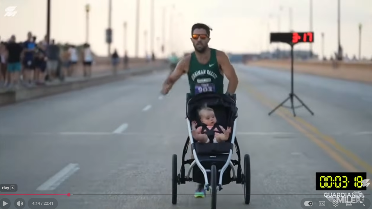 The winning father-daughter duo are racing with the stroller