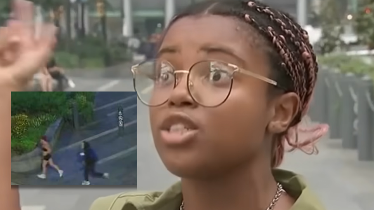 woman kicks man in creepy mask
