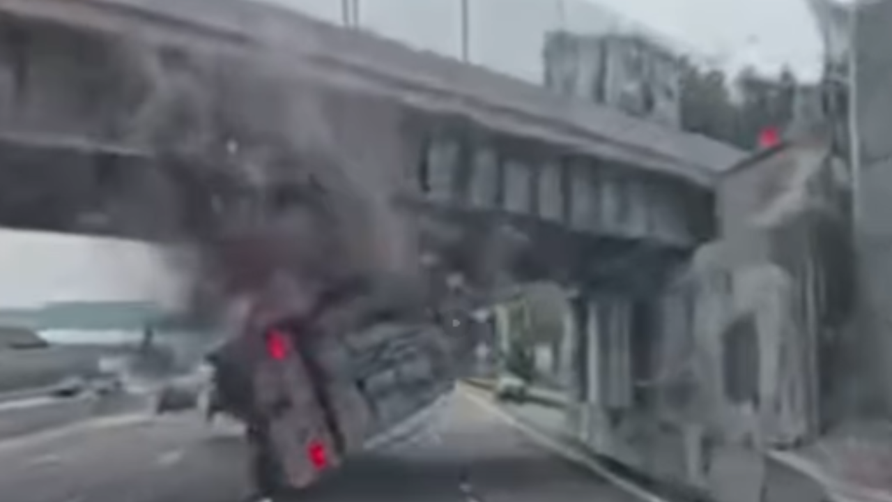 truck hits overpass