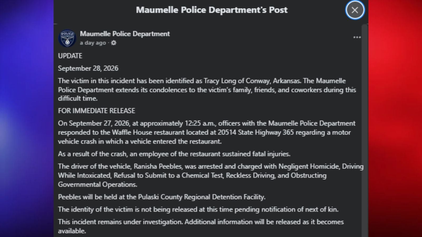 Arkansas Woman Faces DWI and Homicide Charges After Vehicle Crashes Into Waffle House, Police Say