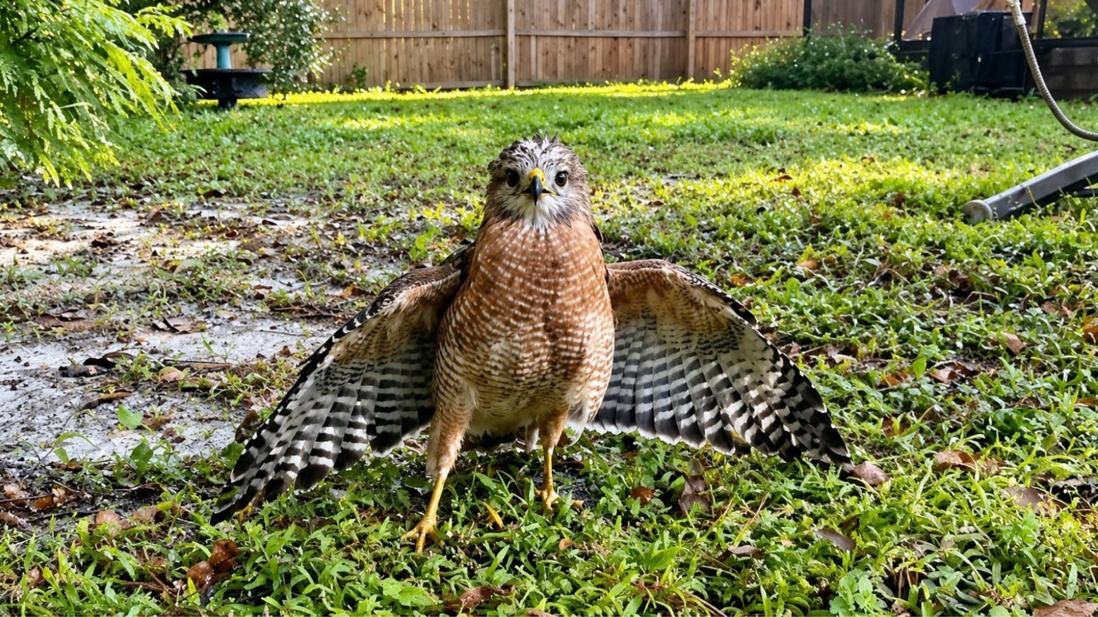 A hawk standing in green grass after being rescued