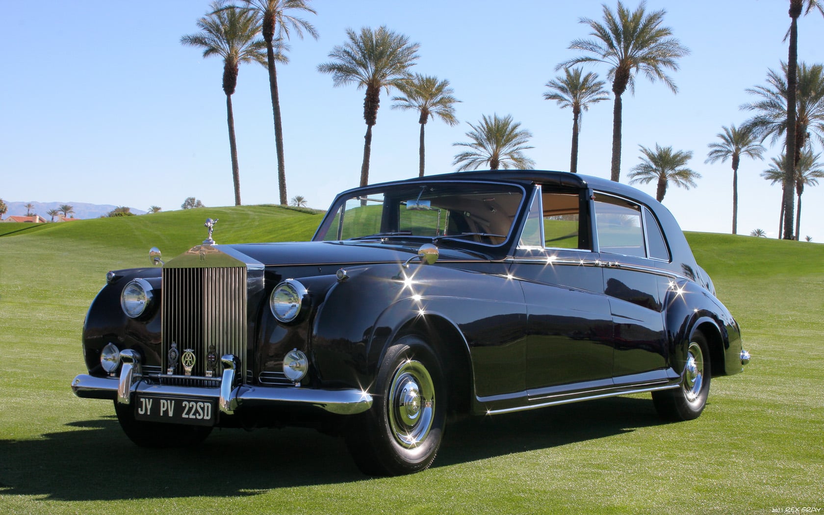 image of a black Rolls-Royce on a golf course with palm trees in the background